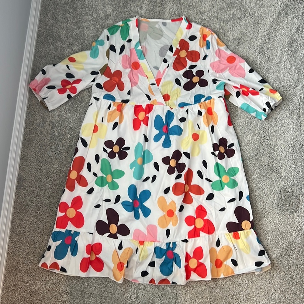 NWOT SHEIN White Colorful Floral V-Neck Dress